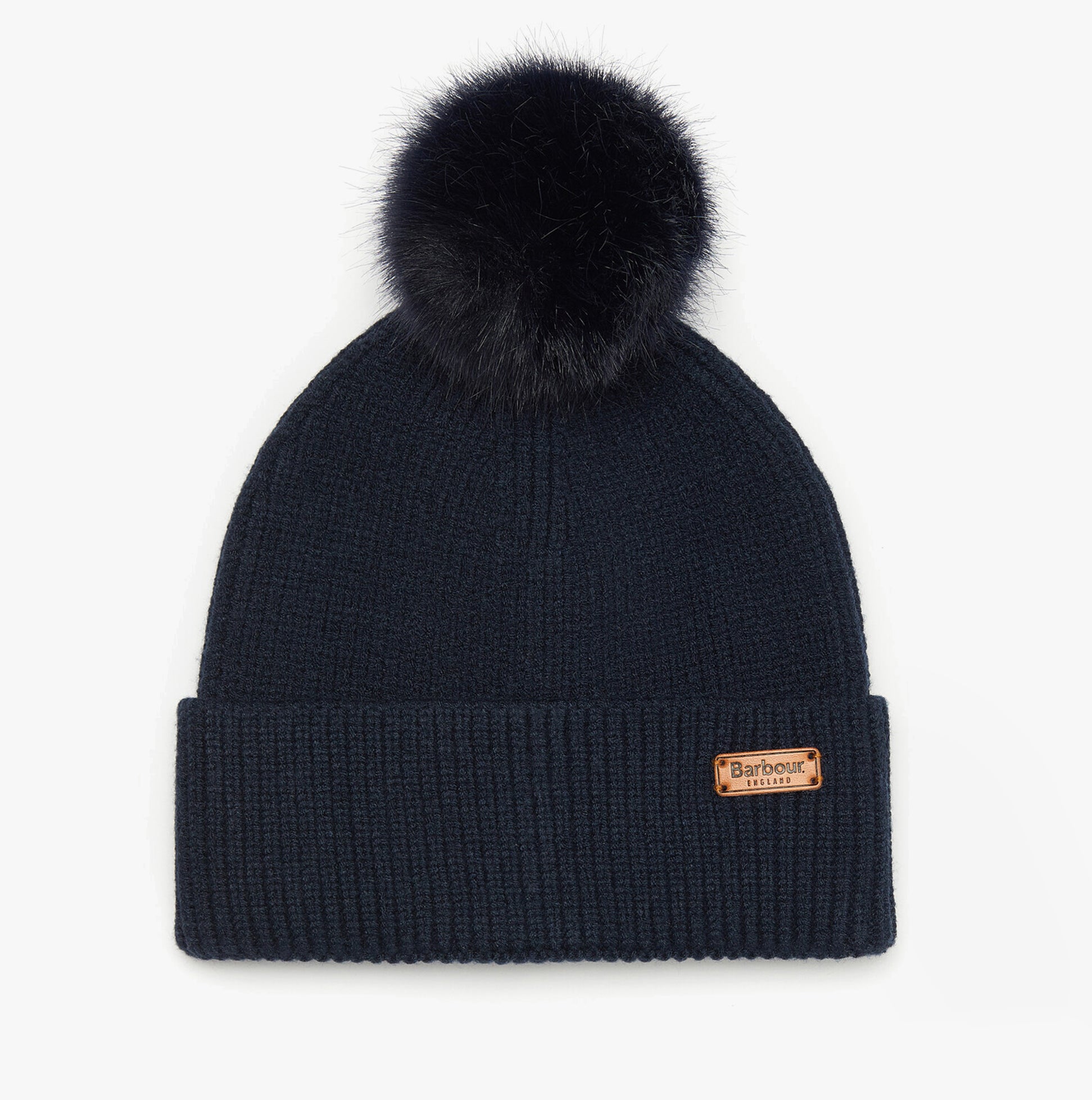 Barbour DOVER BEANIE & HAILES SCARF Womens Gift Set Classic front view of navy beanie with pom pom detail.