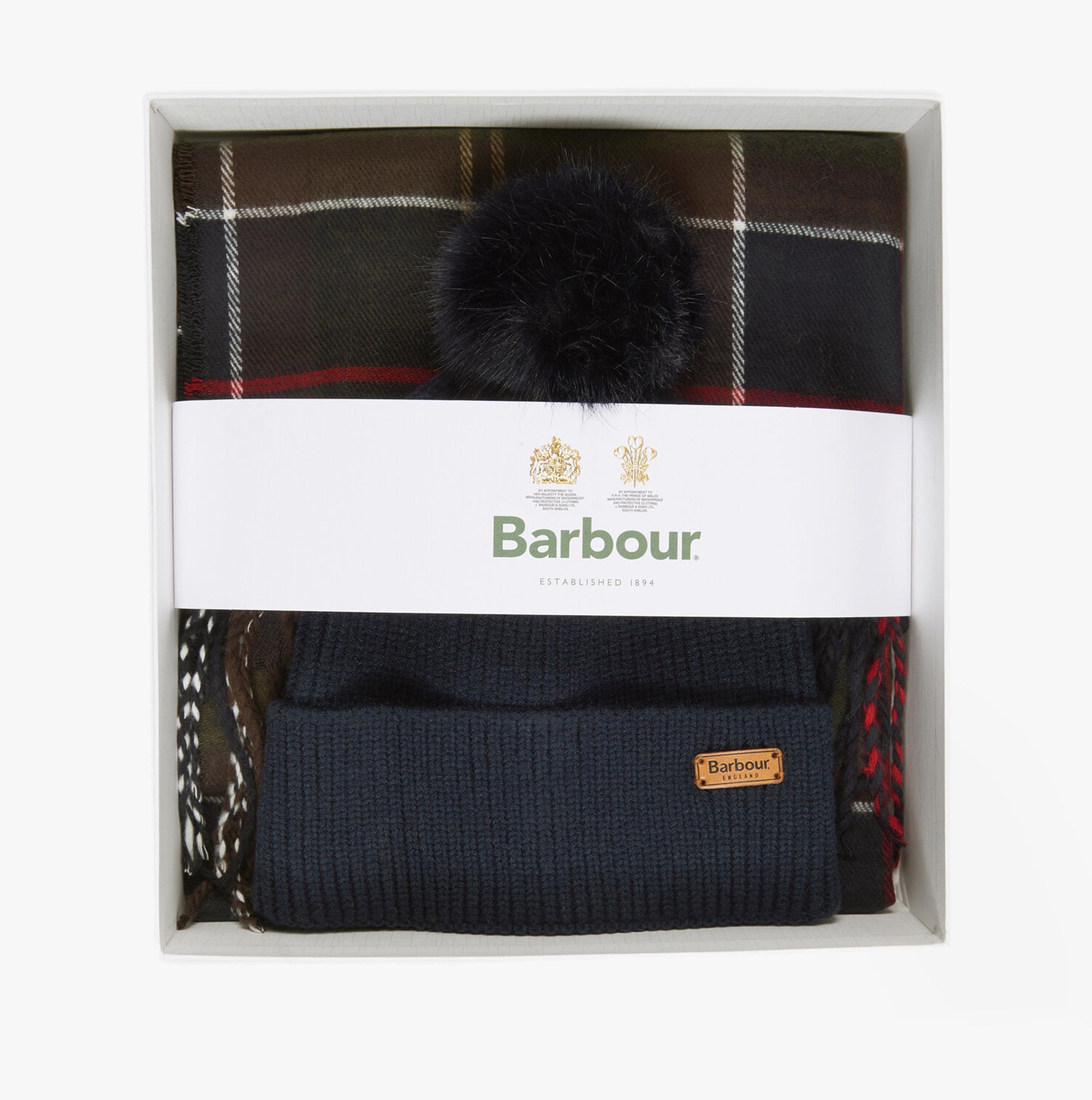Barbour DOVER BEANIE & HAILES SCARF Womens Gift Set Classic in gift box, featuring navy beanie and plaid scarf.