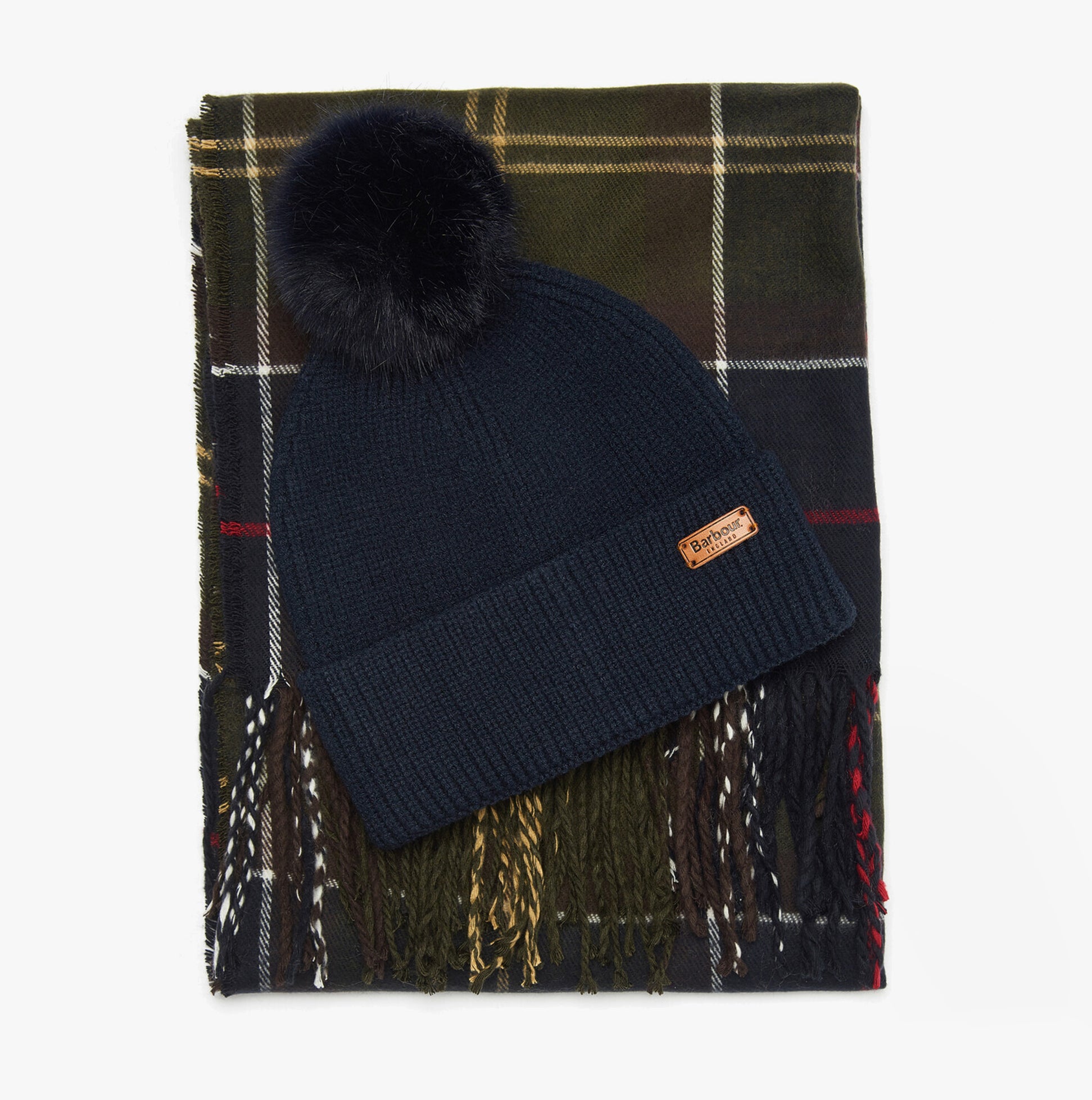 Barbour DOVER BEANIE & HAILES SCARF Womens Gift Set Classic, front view of navy beanie and patterned scarf.