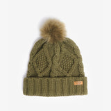 Barbour RIDLEY BEANIE & SCARF Gift Set Womens Olive front view knitted beanie with faux fur pom and turnback hem.