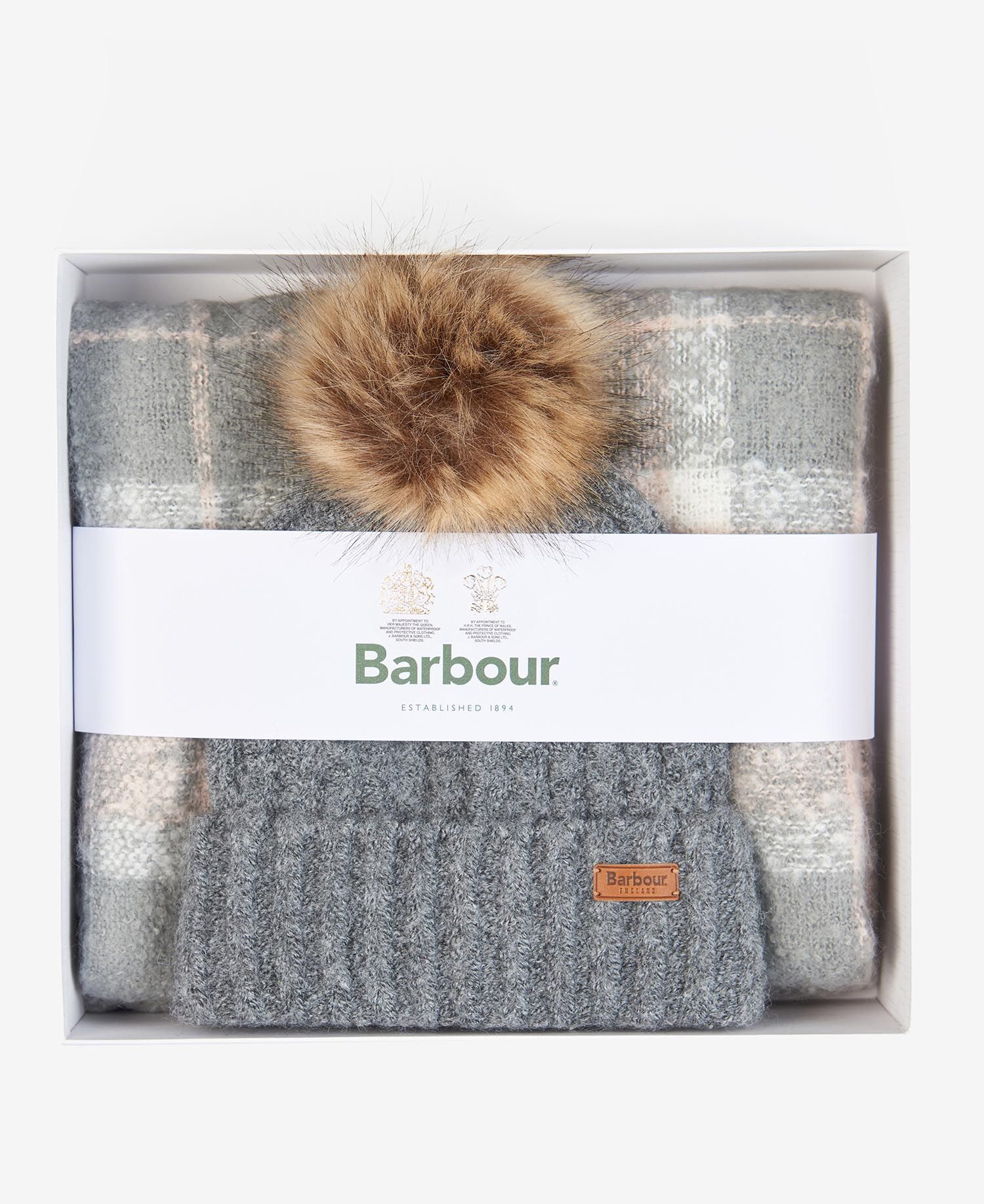Barbour SALTBURN BEANIE & TARTAN SCARF Womens Gift Set Grey Rose