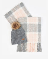 Barbour SALTBURN BEANIE & TARTAN SCARF Womens Gift Set Grey Rose
