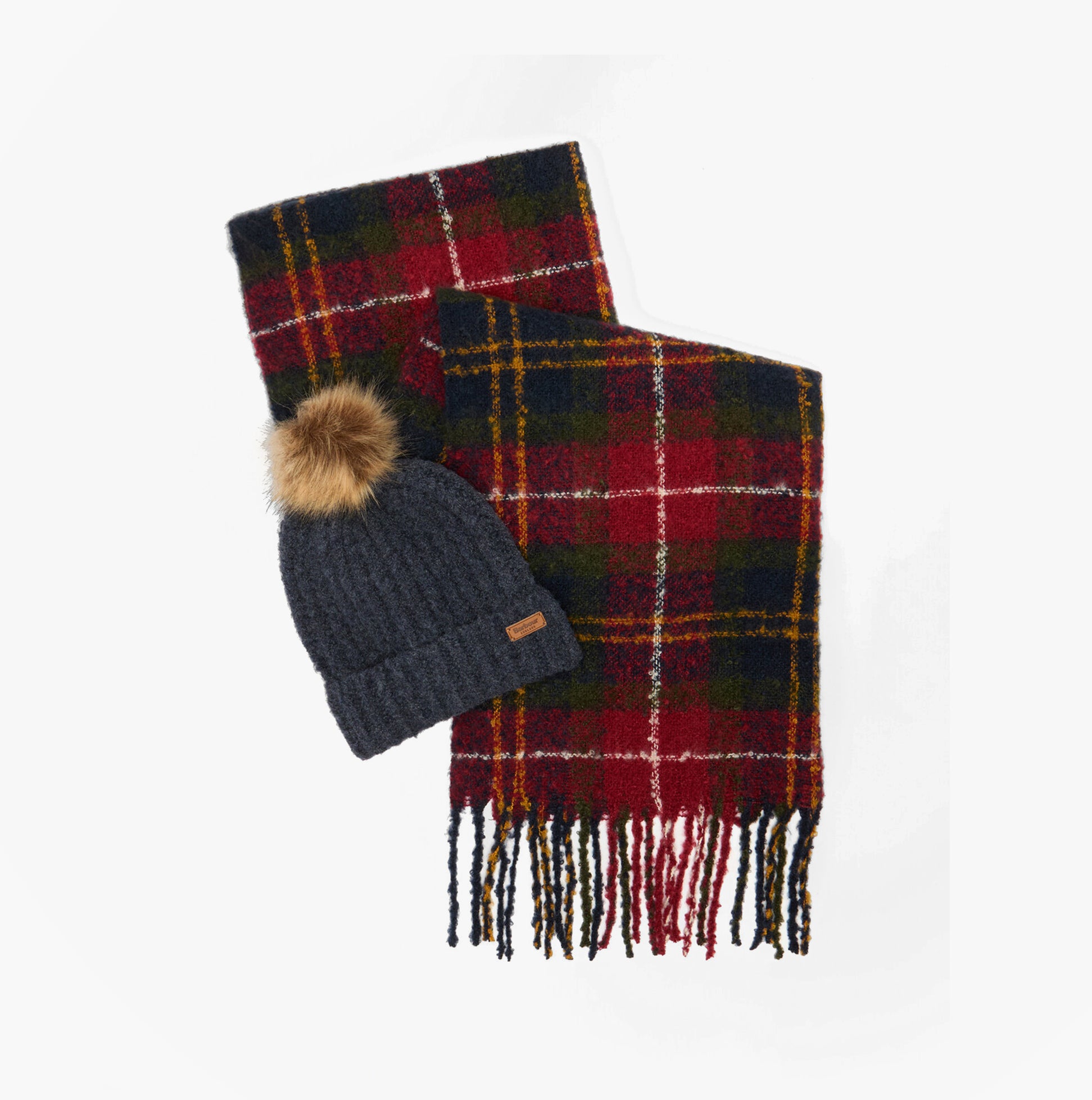 Barbour SALTBURN BEANIE & TARTAN SCARF Gift Set Womens Beanie Winterberry Tartan front view featuring beanie and scarf.