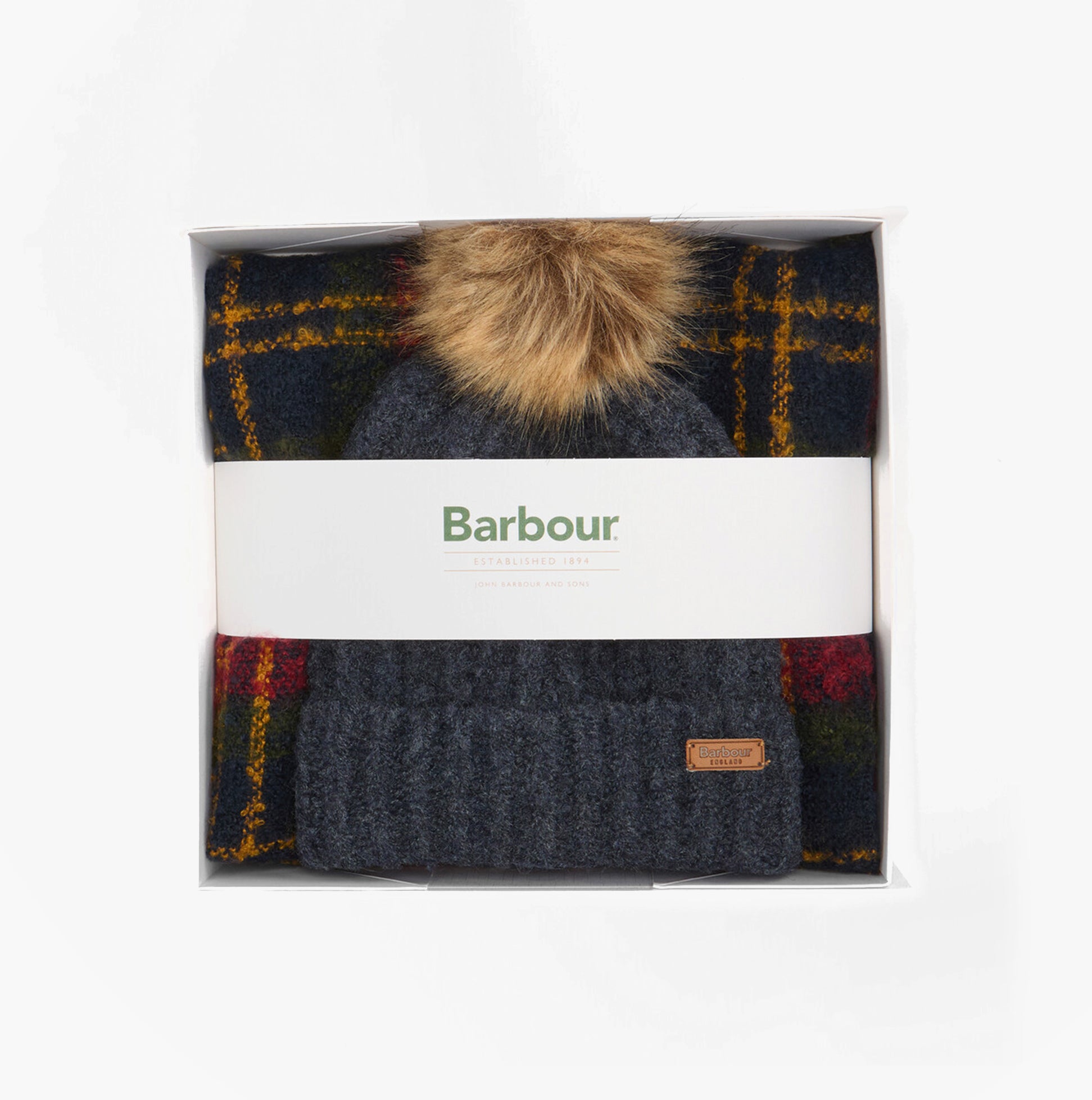 Barbour SALTBURN BEANIE & TARTAN SCARF Gift Set Womens Beanie Winterberry Tartan in gift box front view.