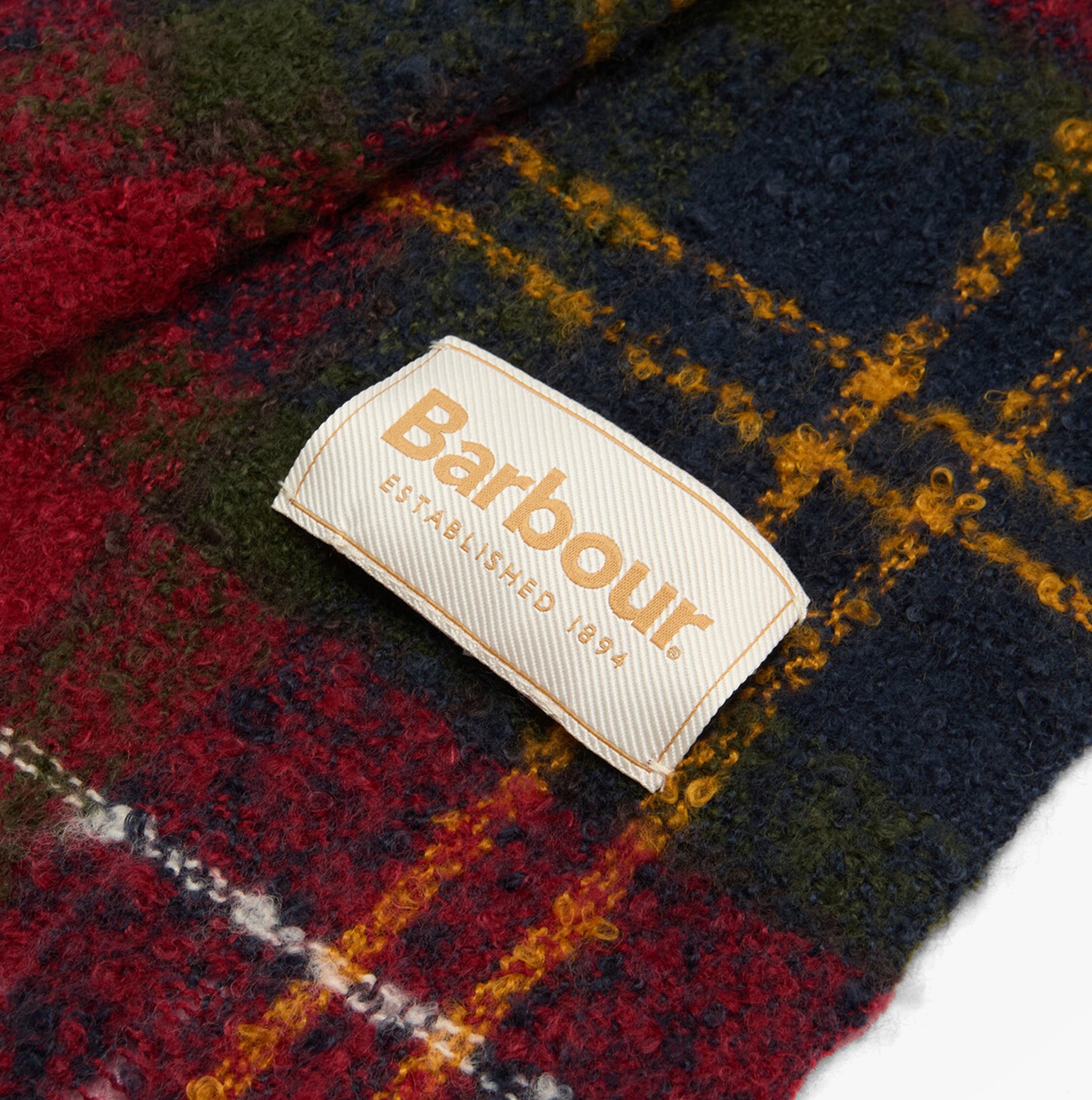 Barbour SALTBURN BEANIE & TARTAN SCARF Gift Set Womens Beanie Winterberry Tartan detail view of branded tag