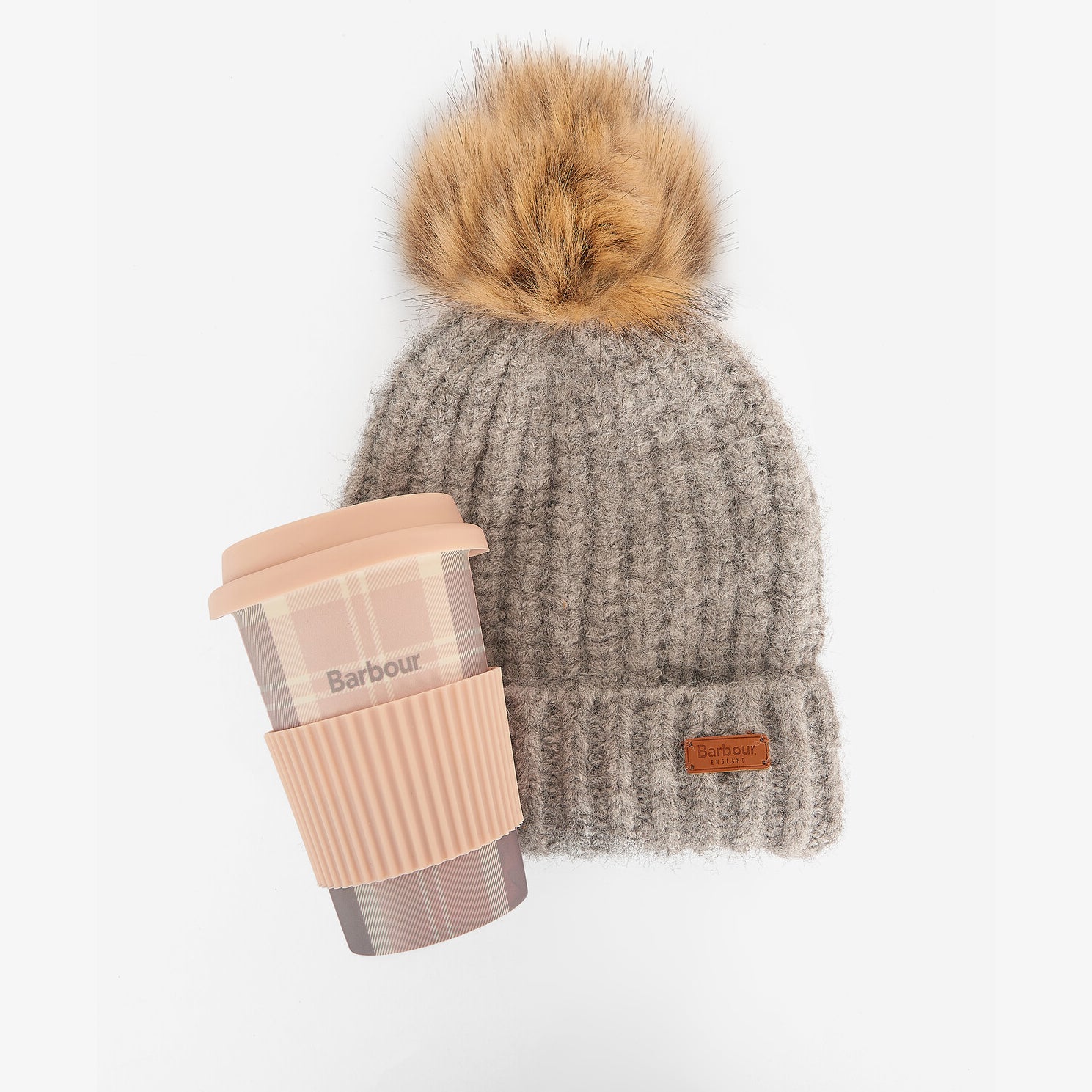 Barbour TRAVEL MUG & BEANIE Gift Set Womens Pink/Grey front view showing beanie and travel mug in matching colors