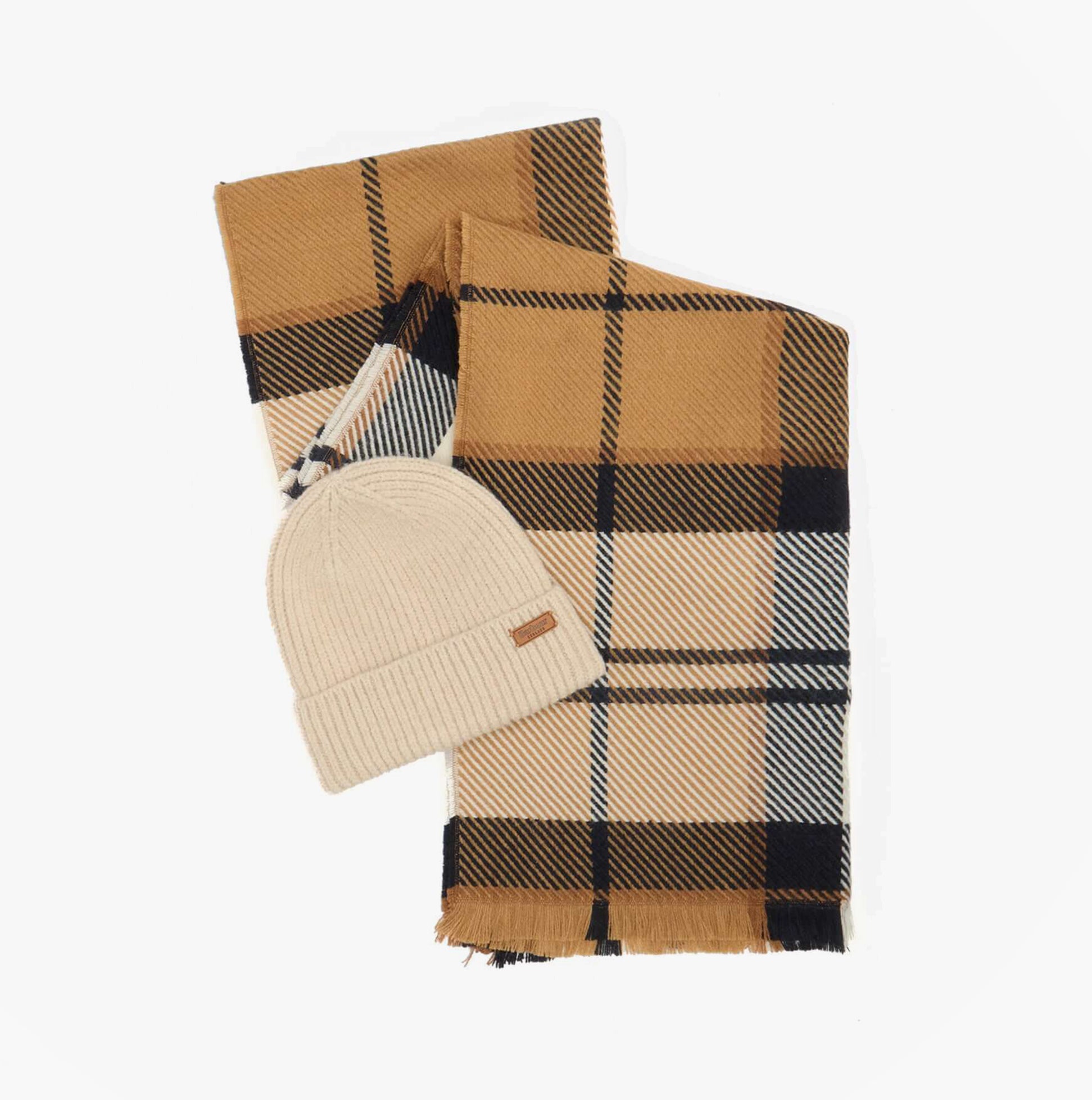 Barbour PENDLE BEANIE & BLAIR SCARF Gift Set Womens Hessian Navy flat lay view showing beanie and scarf in a houndstooth pattern.