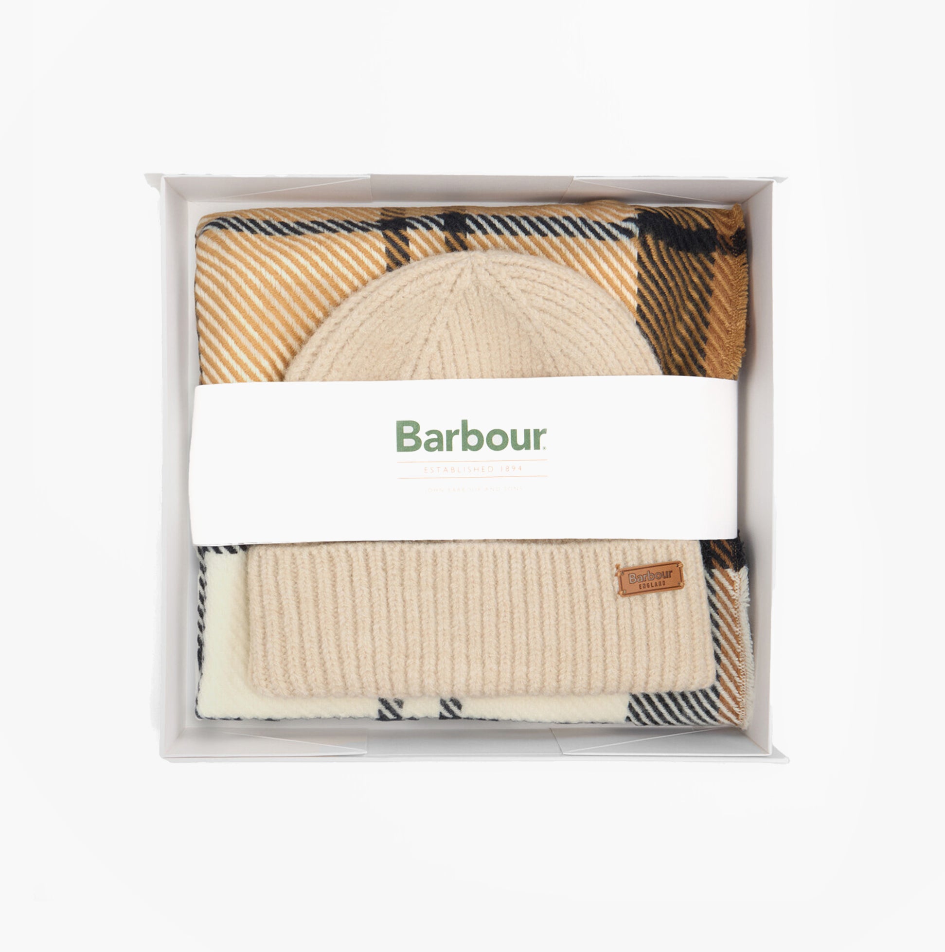 Barbour PENDLE BEANIE & BLAIR SCARF Gift Set Womens Hessian Navy front view in gift box with scarf and beanie.
