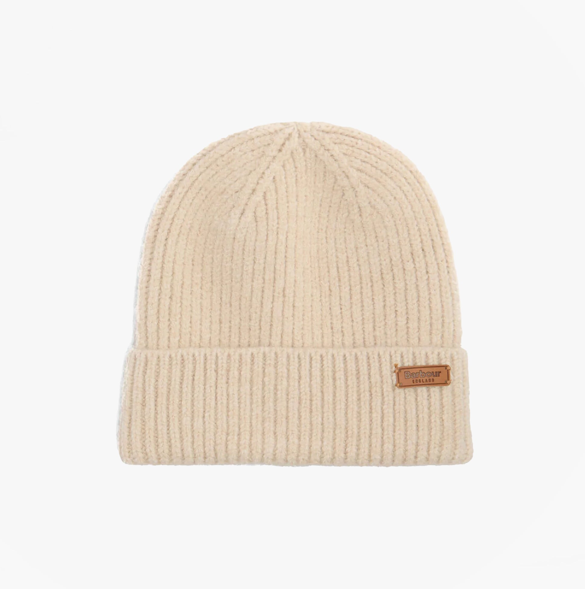 Barbour PENDLE BEANIE & BLAIR SCARF Gift Set Womens Hessian Navy front view of beige beanie hat with ribbed design and logo