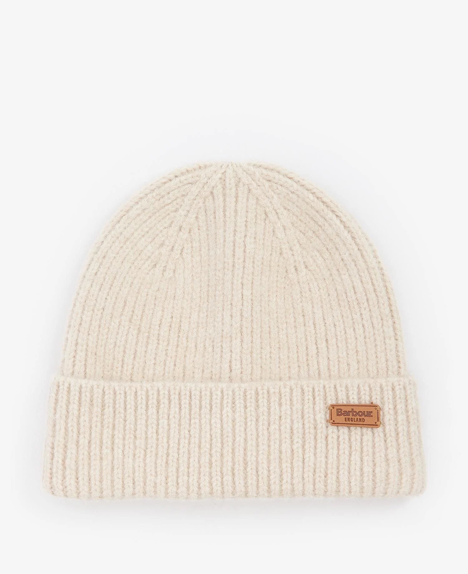 Barbour PENDLE BEANIE & BLAIR SCARF Gift Set Womens Soft Mint front view of beanie in cream color with branded label.