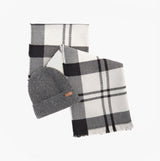 Barbour PENDLE BEANIE & BLAIR SCARF Gift Set Womens Monochrome top view featuring grey beanie and checked scarf.