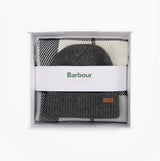Barbour PENDLE BEANIE & BLAIR SCARF Gift Set Womens Monochrome top view in gift box, showcasing grey and black colors.