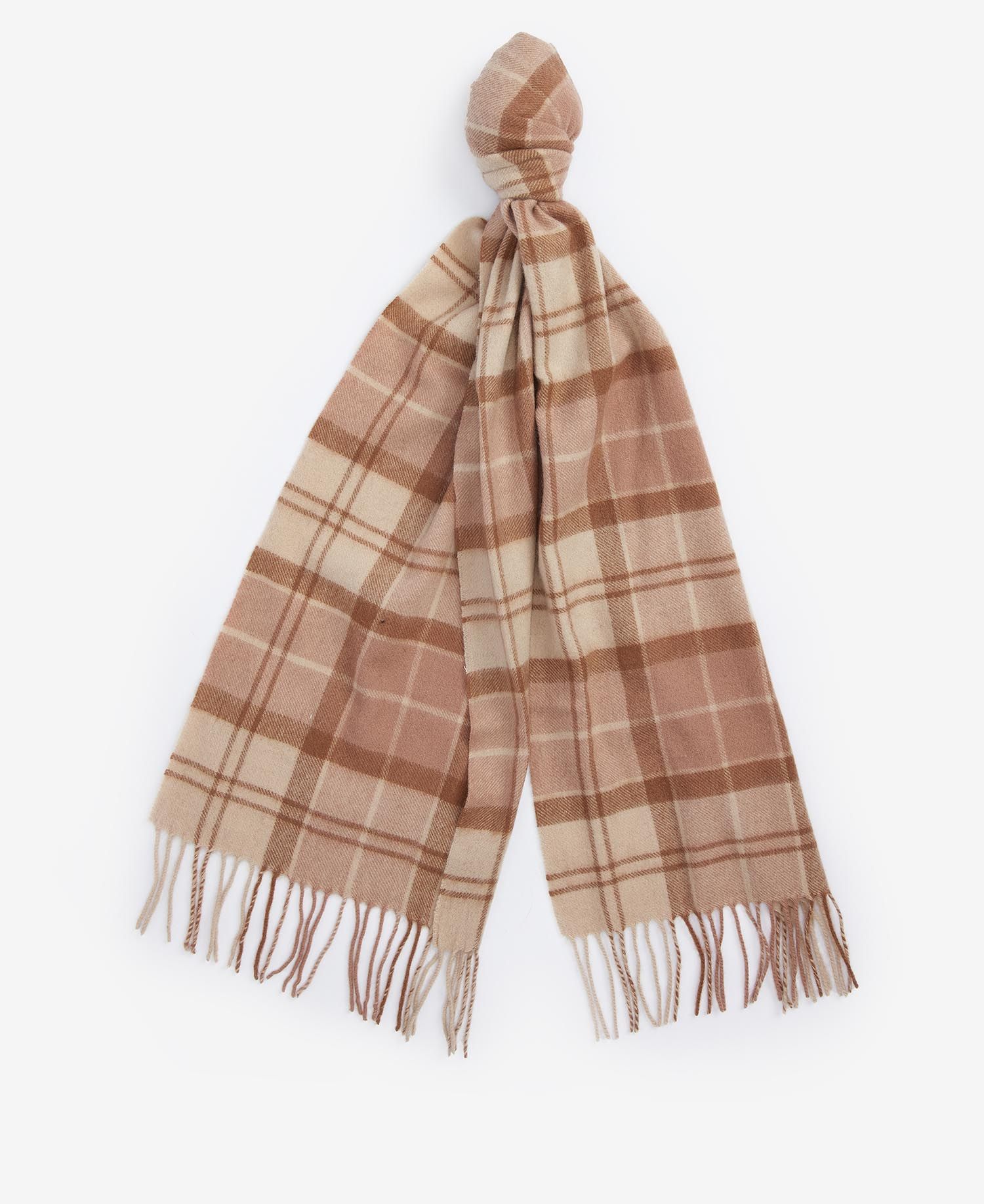 Barbour AUBREY BEANIE & SCARF Gift Set Womens Camel shown in front view, featuring a stylish plaid scarf in warm tones.