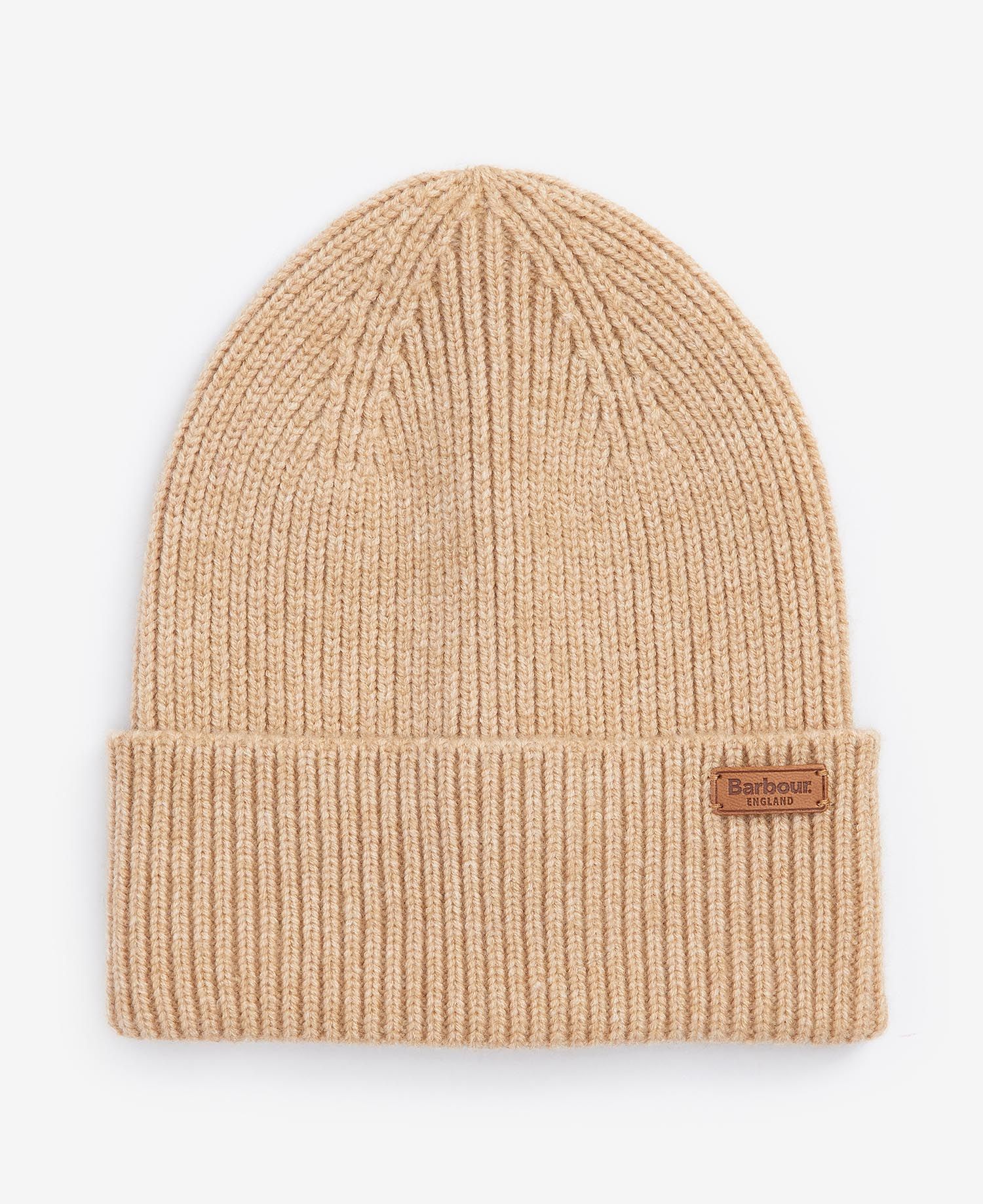 Barbour AUBREY BEANIE & SCARF Gift Set Womens Camel front view of beanie showing ribbed knit design.