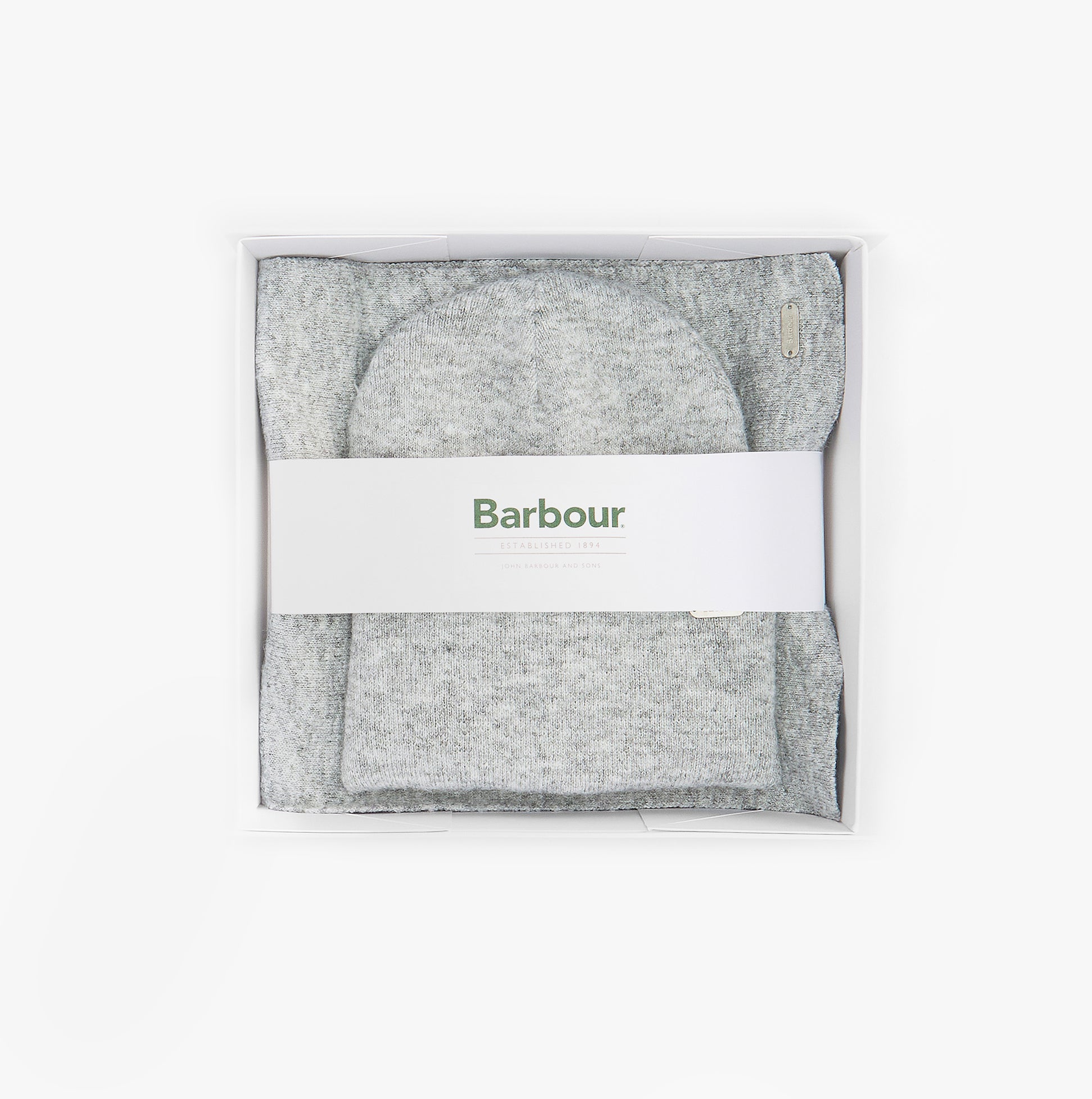 Barbour WINONA BEANIE & SCARF Gift Set Womens Beanie Light Grey presented in gift box, top view.