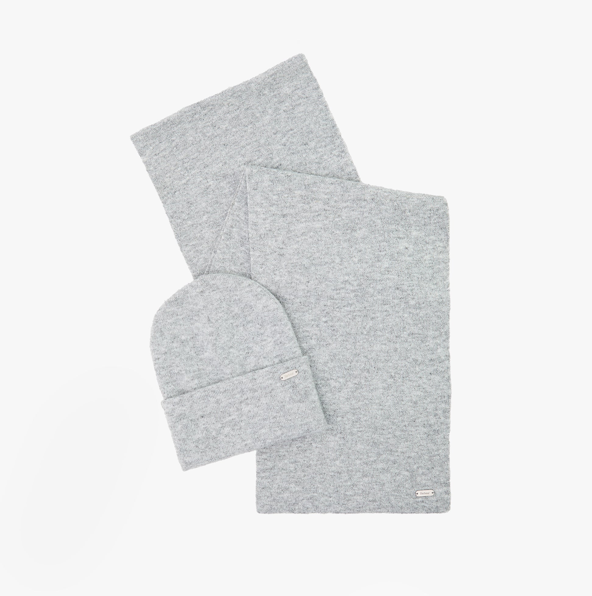 Barbour WINONA BEANIE & SCARF Gift Set Womens Beanie Light Grey front view showing beanie and scarf.