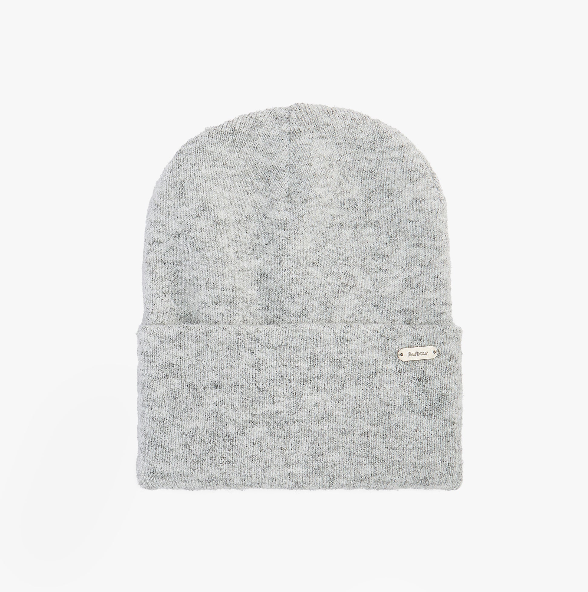 Barbour WINONA BEANIE & SCARF Gift Set Womens Beanie Light Grey top view of beanie with branded metal badge