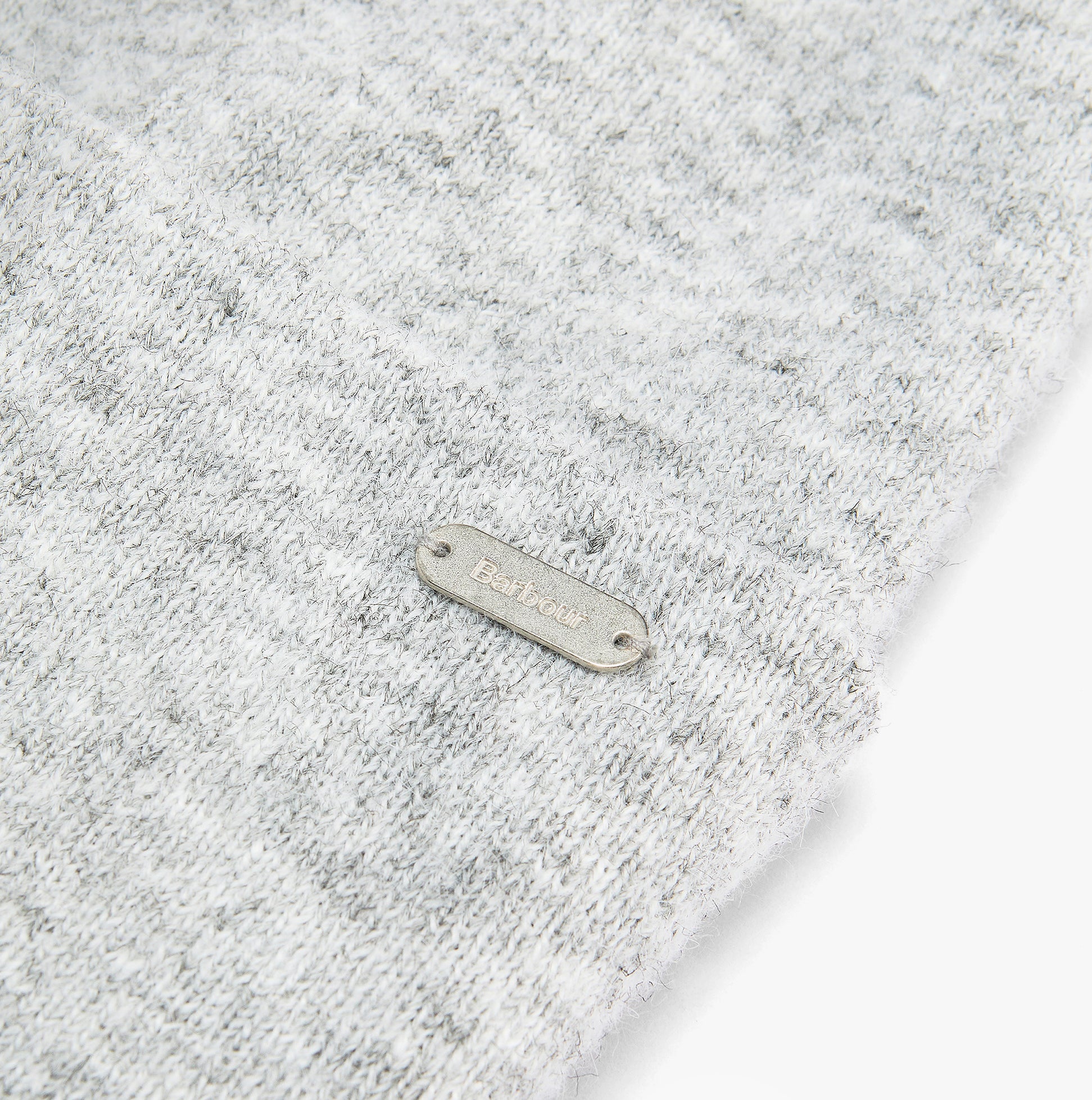 Barbour WINONA BEANIE & SCARF Gift Set Womens Beanie Light Grey detail view of branded metal badge