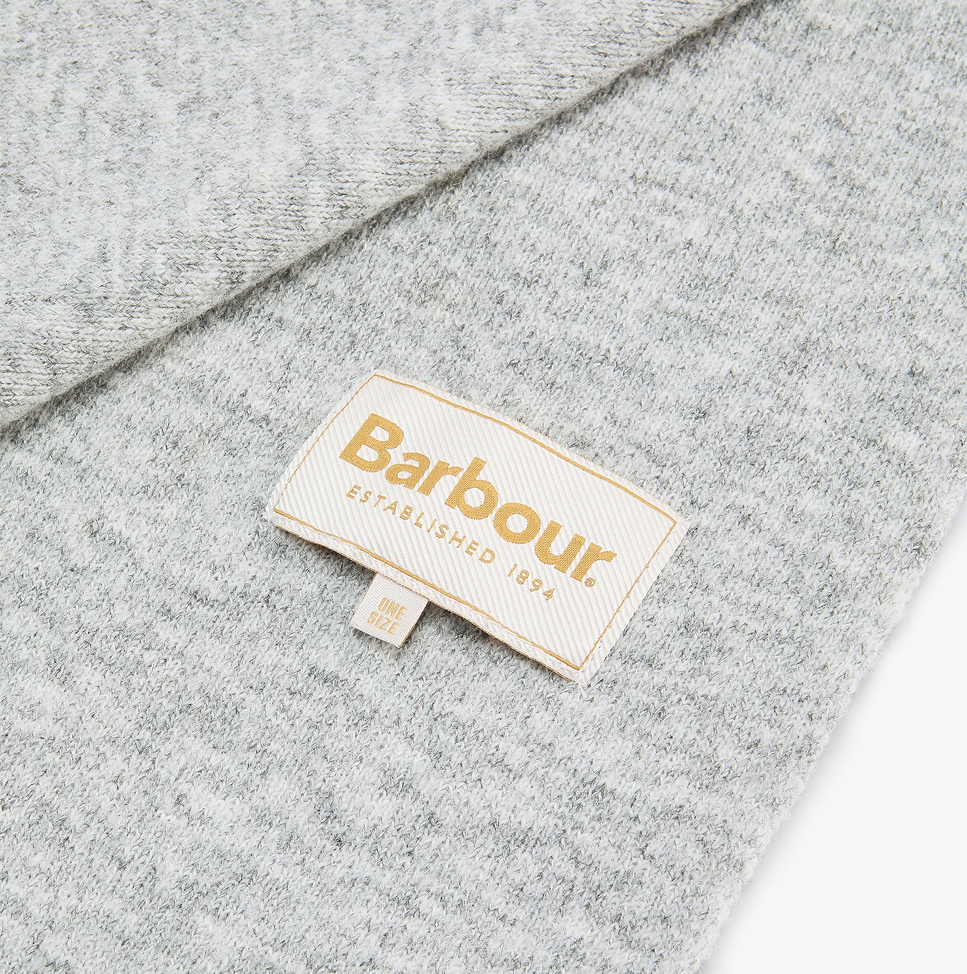 Barbour WINONA BEANIE & SCARF Gift Set Womens Beanie Light Grey close-up view of branded label