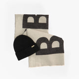 Barbour PENDLE BEANIE & MILLA SCARF Gift Set Womens Black/Jasmine top view of beanie and scarf laid flat.