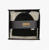 Barbour PENDLE BEANIE & MILLA SCARF Gift Set Womens Black/Jasmine, top view of boxed set with beanie and scarf.