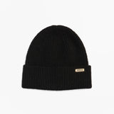 Barbour PENDLE BEANIE & MILLA SCARF Gift Set Womens Black/Jasmine, top view of black beanie hat with logo tag.