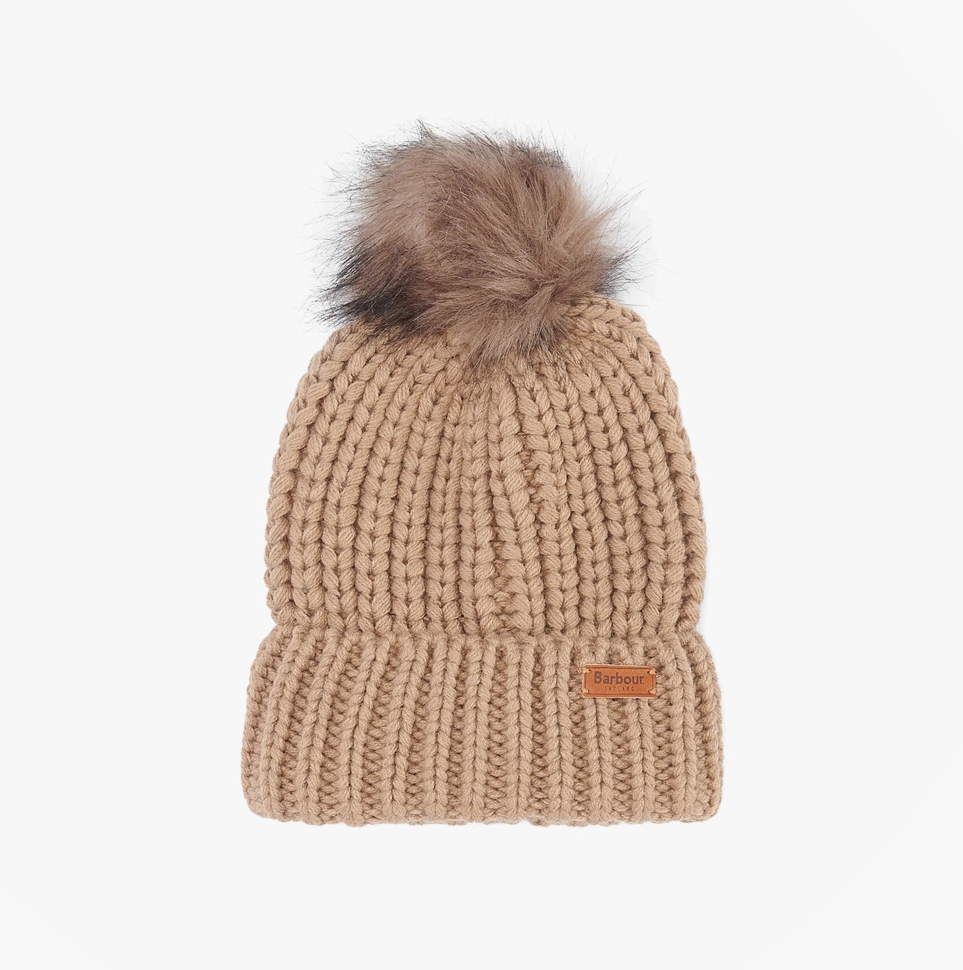 Barbour SALTBURN Womens Pom-Pom Beanie Mink front view showcasing chunky-knit design and faux-fur pom-pom.