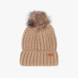 Barbour SALTBURN Womens Pom-Pom Beanie Mink front view showcasing chunky-knit design and faux-fur pom-pom.