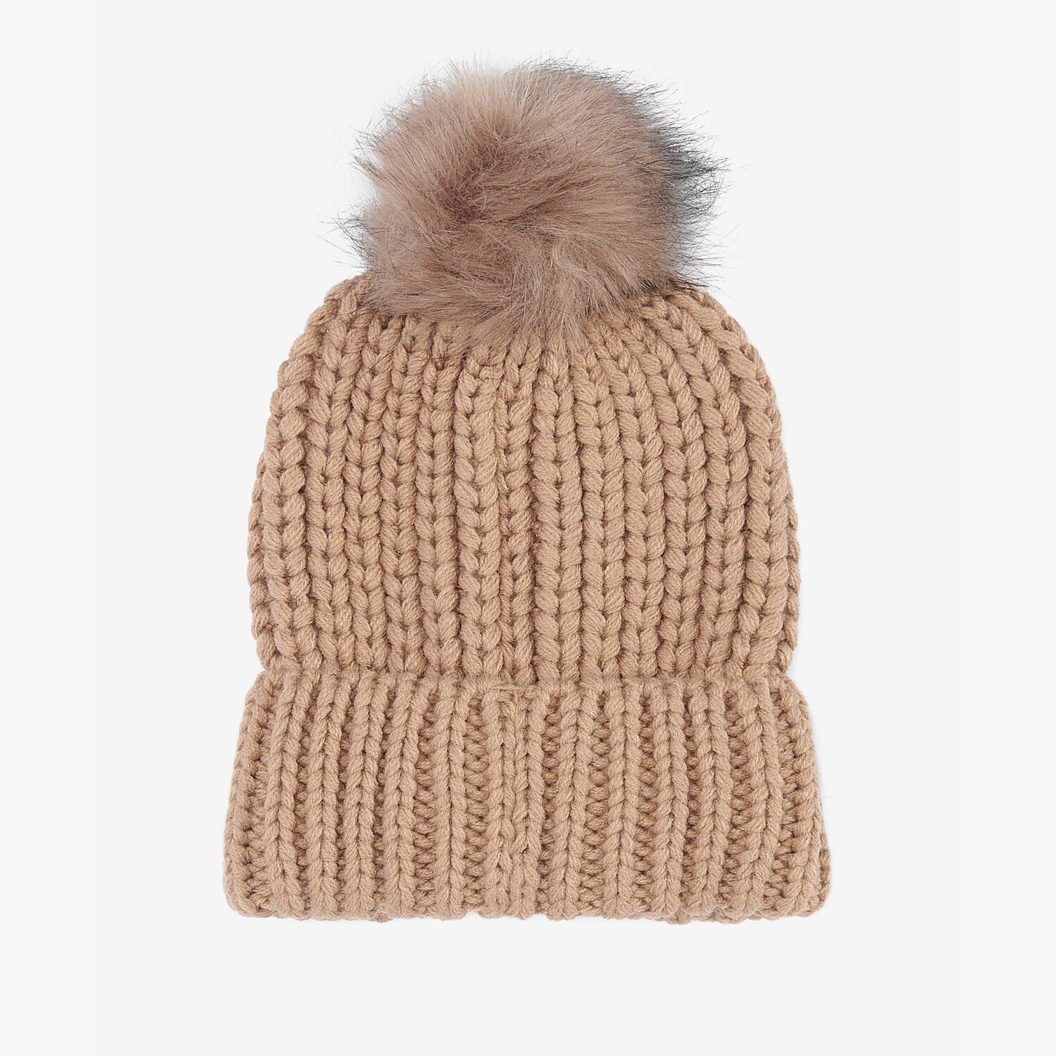 Barbour SALTBURN Womens Pom-Pom Beanie Mink top view featuring a chunky-knit style and faux-fur pom-pom.