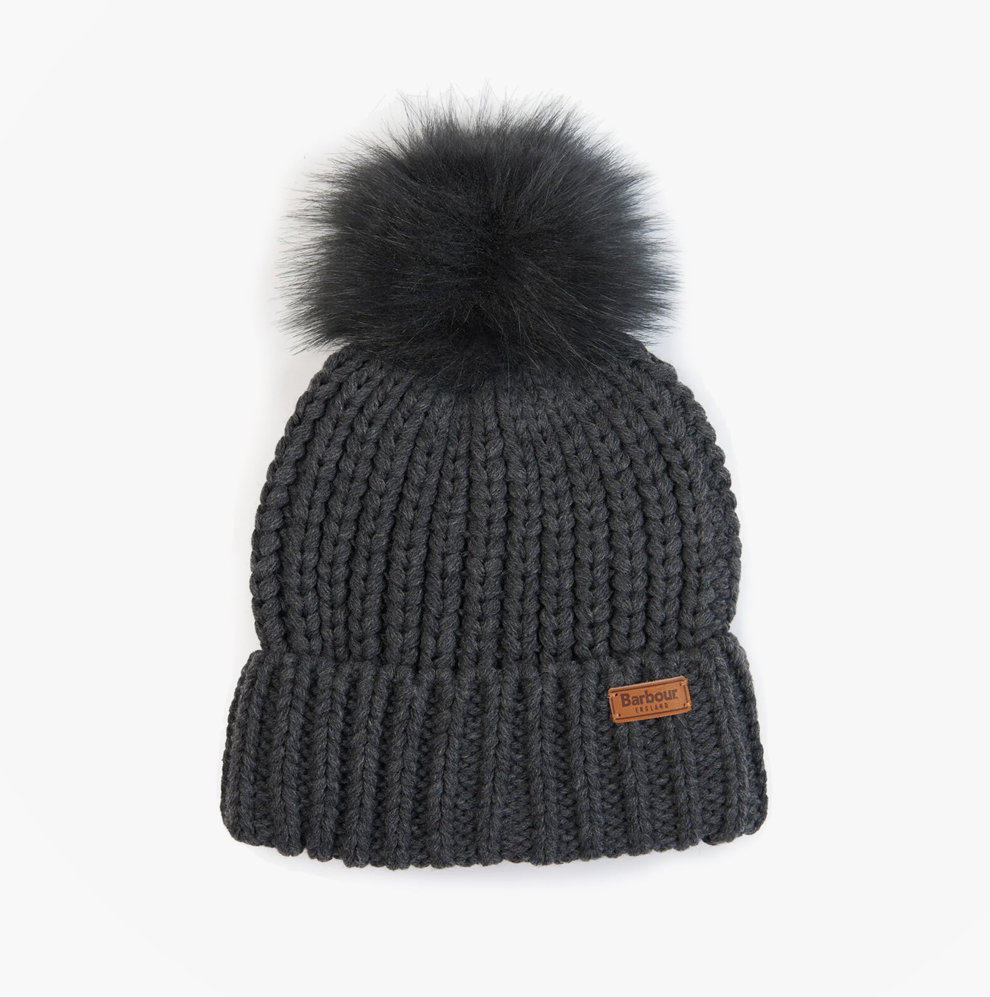 Barbour SALTBURN Womens Beanie Charcoal front view with faux fur pom pom and textured knit design.