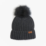Barbour SALTBURN Womens Beanie Charcoal front view with faux fur pom pom and textured knit design.
