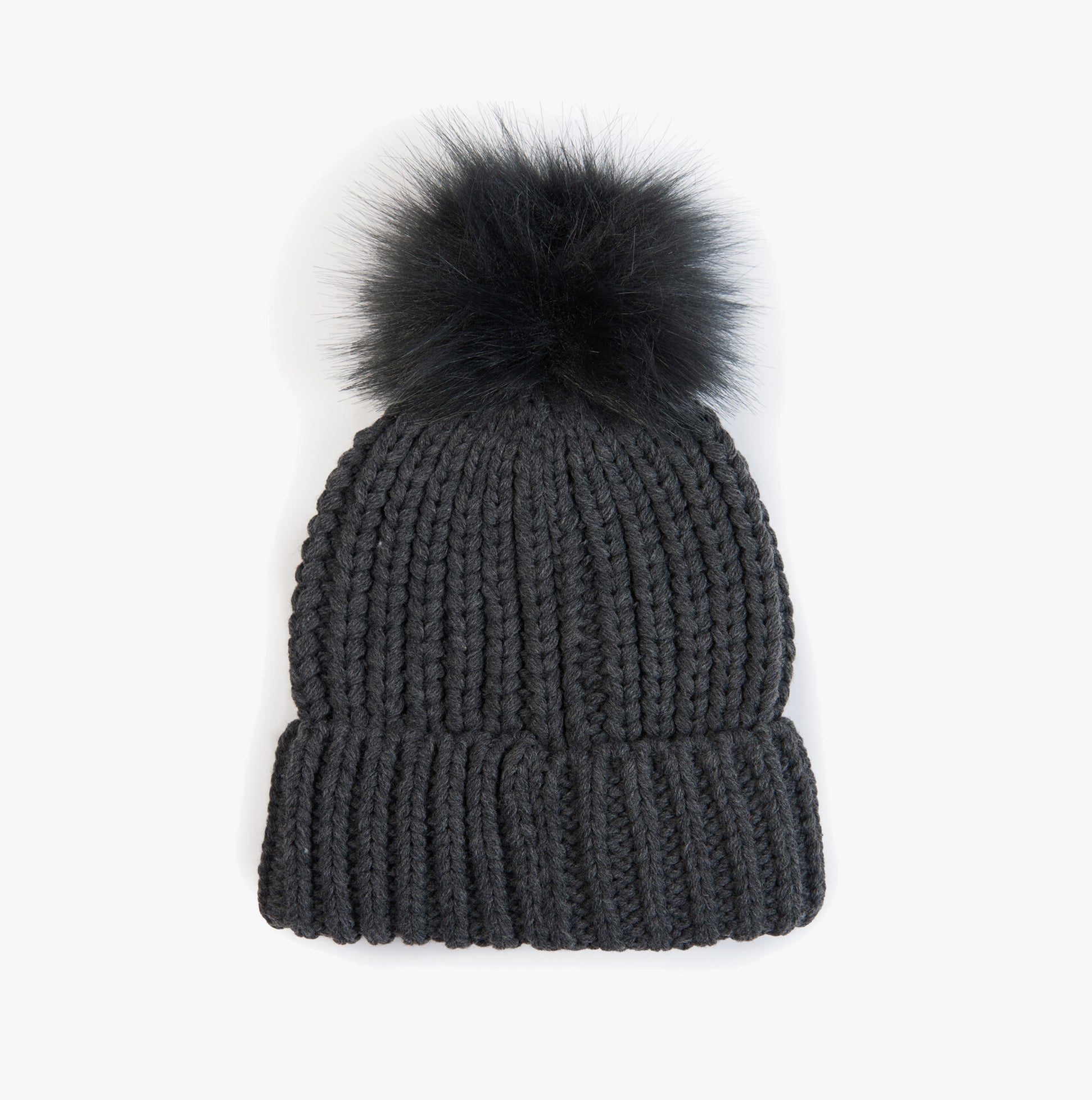 Barbour SALTBURN Womens Beanie Charcoal front view with faux fur pom pom on top and knitted texture.
