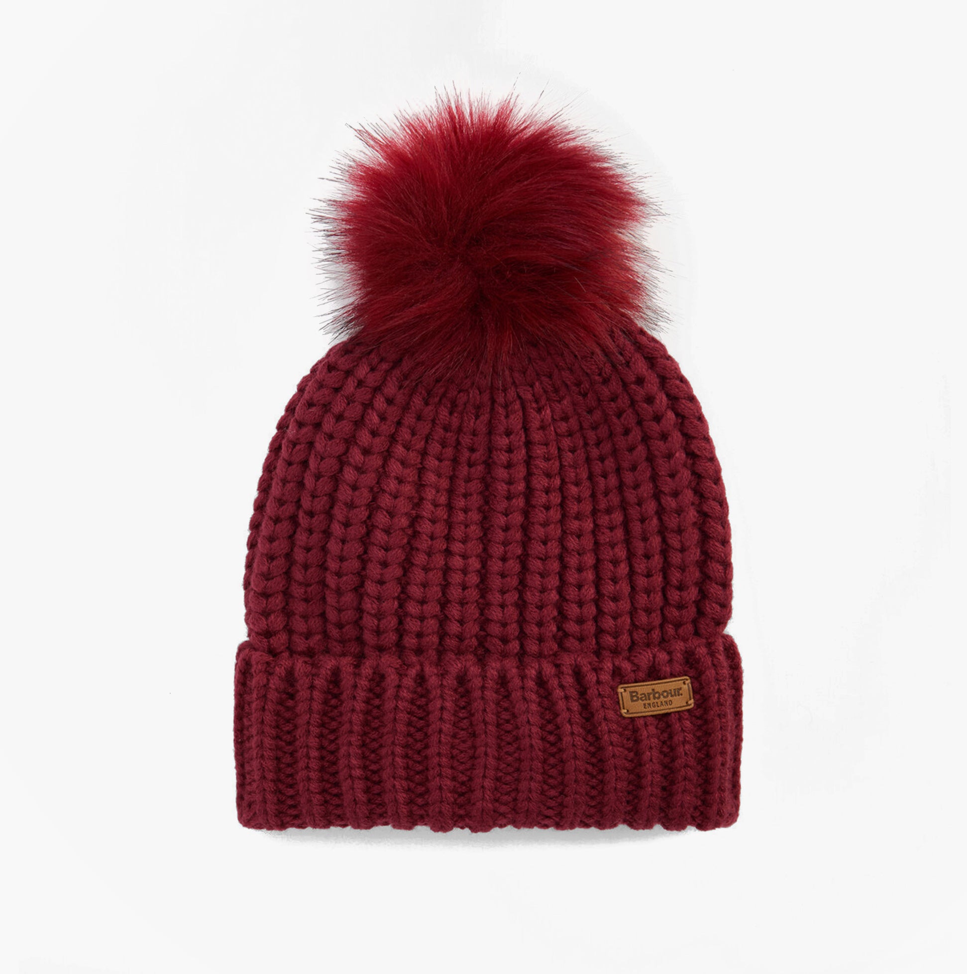 Barbour SALTBURN Womens Beanie Biking Red top view with faux fur pom pom detailing.