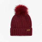Barbour SALTBURN Womens Beanie Biking Red top view with faux fur pom pom detailing.