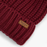 Barbour SALTBURN Womens Beanie Biking Red detail view showing the knit texture and logo patch.