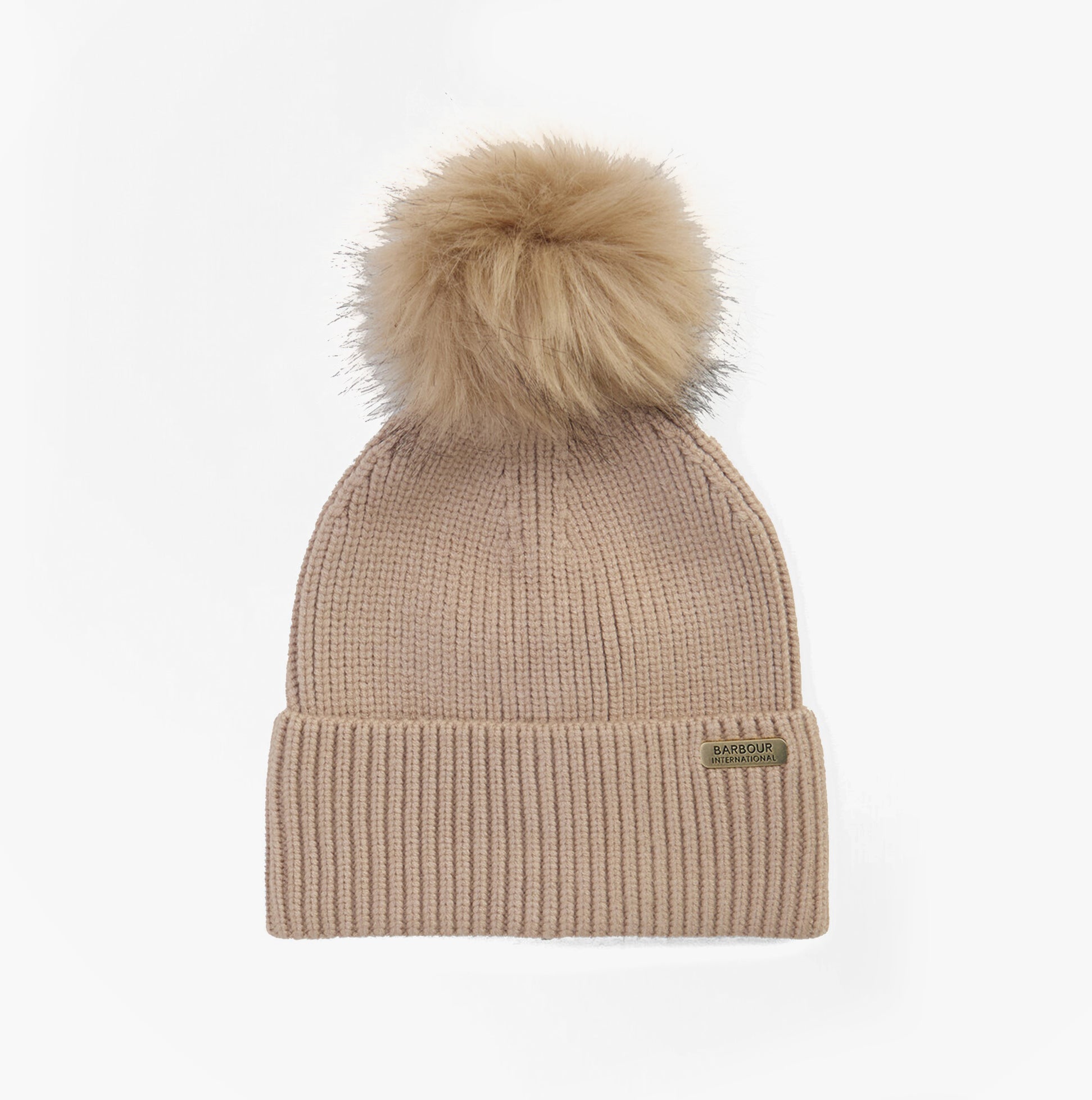 Barbour MALLORY POM Womens Beanie Oat front view, featuring a faux fur pom pom and ribbed design.