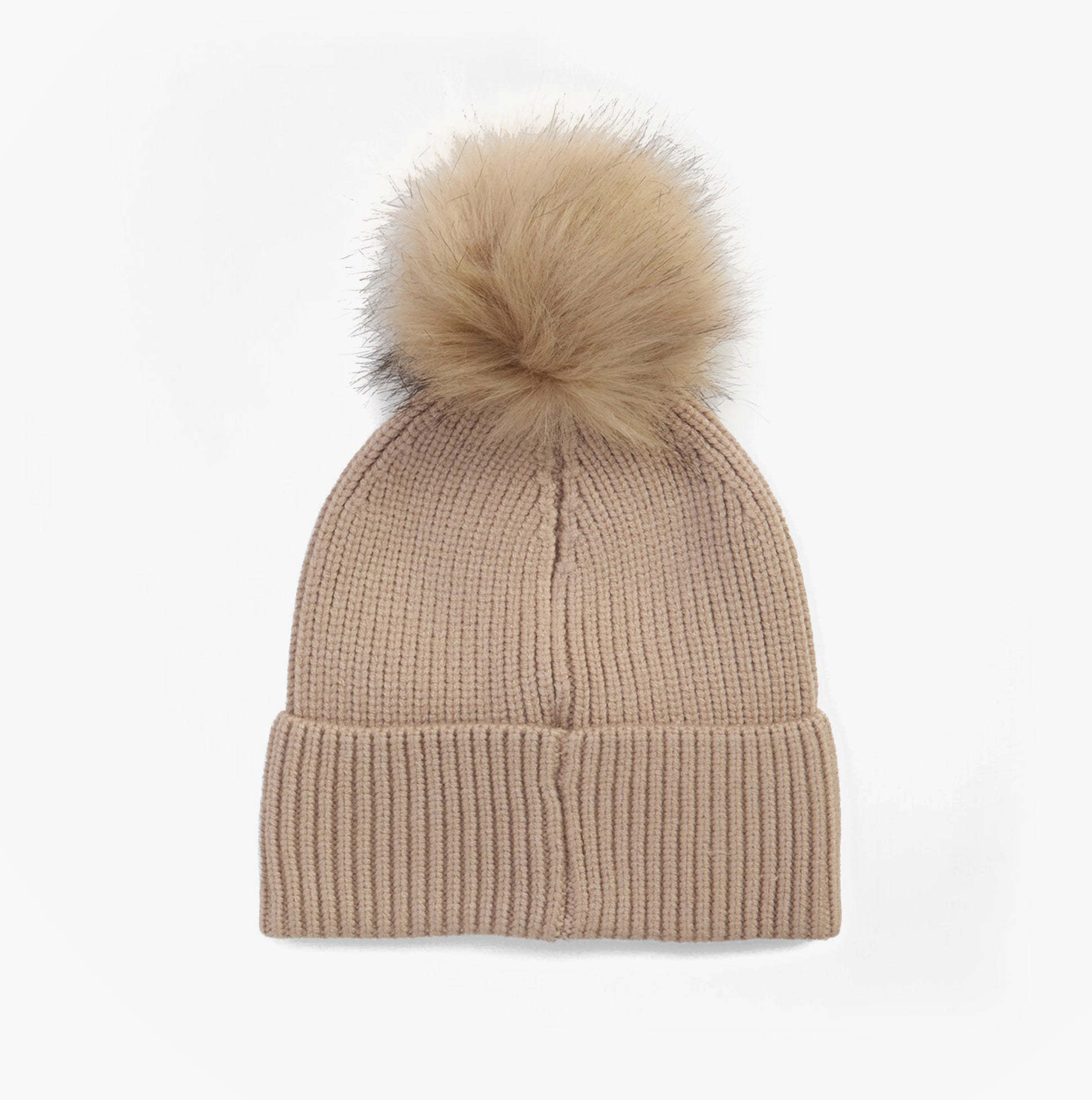 Barbour MALLORY POM Womens Beanie Oat front view with faux fur pom pom, soft beige knit fabric.
