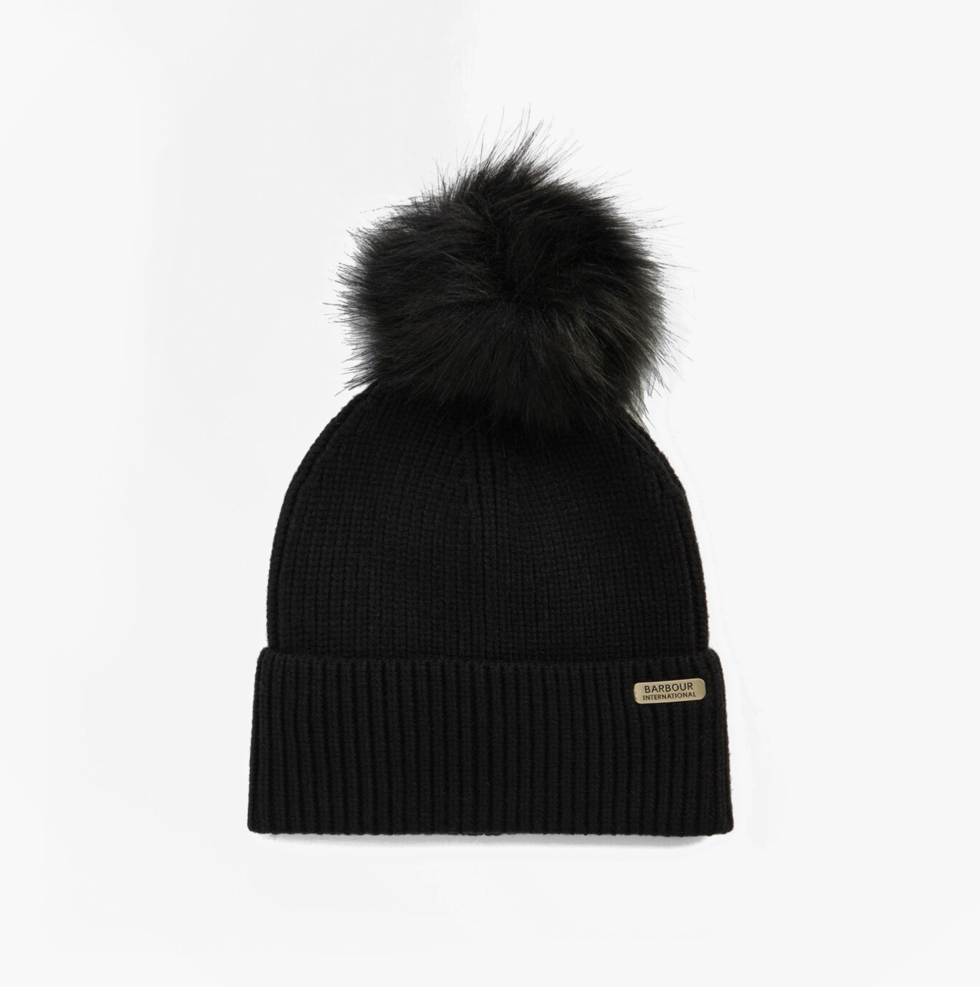 Barbour MALLORY POM Womens Beanie Black front view with faux fur pom pom detail
