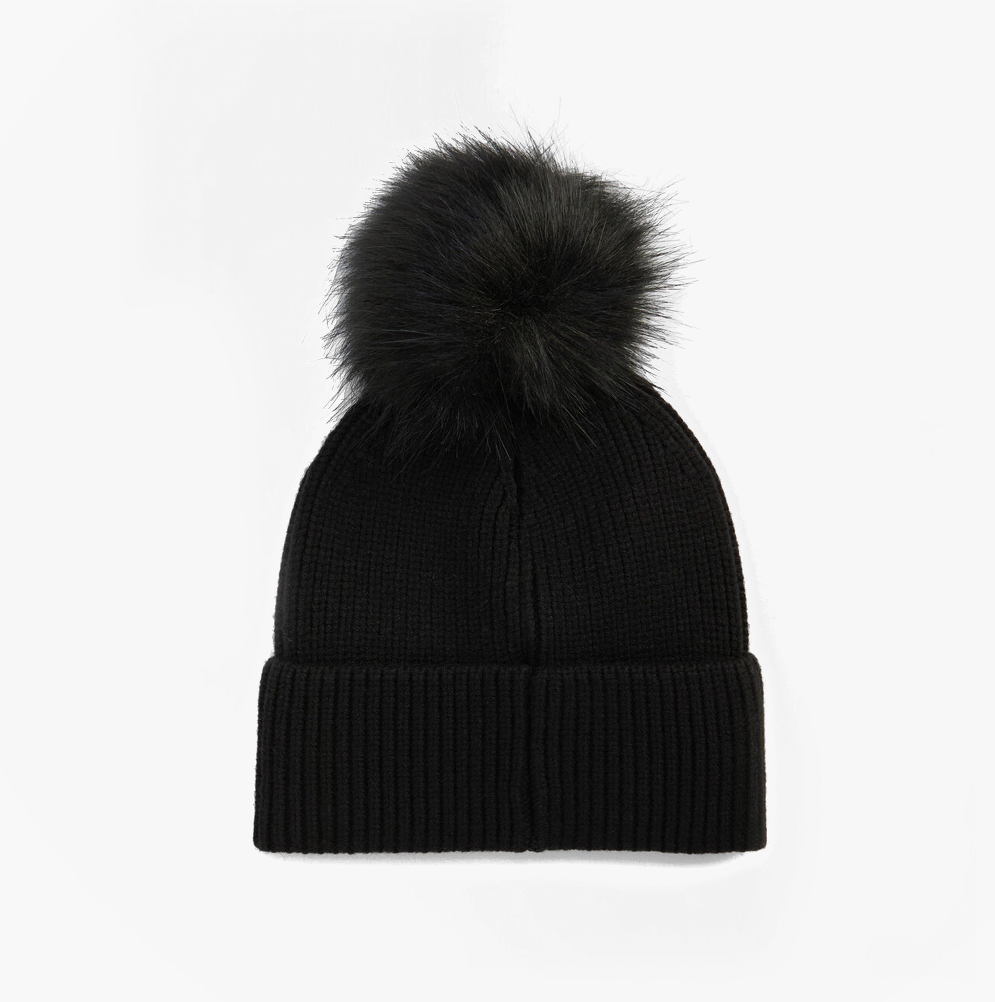 Barbour MALLORY POM Womens Beanie Black top view with faux fur pom, stylish knit design.