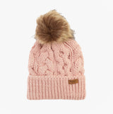 Barbour PENSHAW Womens Beanie Pink Blush front view with faux fur pom-pom and cable knit design.
