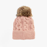 Barbour PENSHAW Womens Beanie Pink Blush front view with cable knit design and faux fur pom pom.