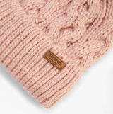 Barbour PENSHAW Womens Beanie Pink Blush close-up detail view showing knitted texture and brand label.
