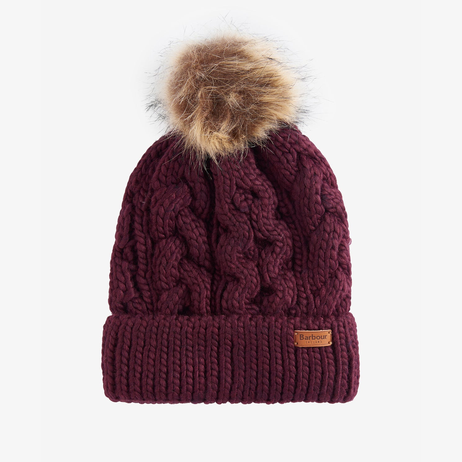 Barbour PENSHAW Womens Pom-Pom Beanie Bordeaux front view with faux-fur pom-pom and cable-knit design.