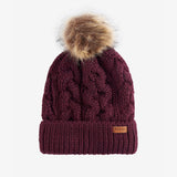Barbour PENSHAW Womens Pom-Pom Beanie Bordeaux front view with faux-fur pom-pom and cable-knit design.
