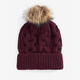 Barbour PENSHAW Womens Pom-Pom Beanie Bordeaux front view showcasing cable-knit design and faux-fur pom-pom.