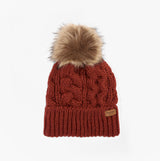 Barbour PENSHAW Womens Beanie Burnt Henna front view with faux fur pom pom and textured knit design.