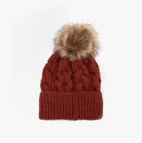 Barbour PENSHAW Womens Beanie Burnt Henna front view with faux fur pom pom on top