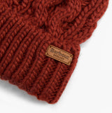 Barbour PENSHAW Womens Beanie Burnt Henna detail view showcasing knit pattern and logo label.