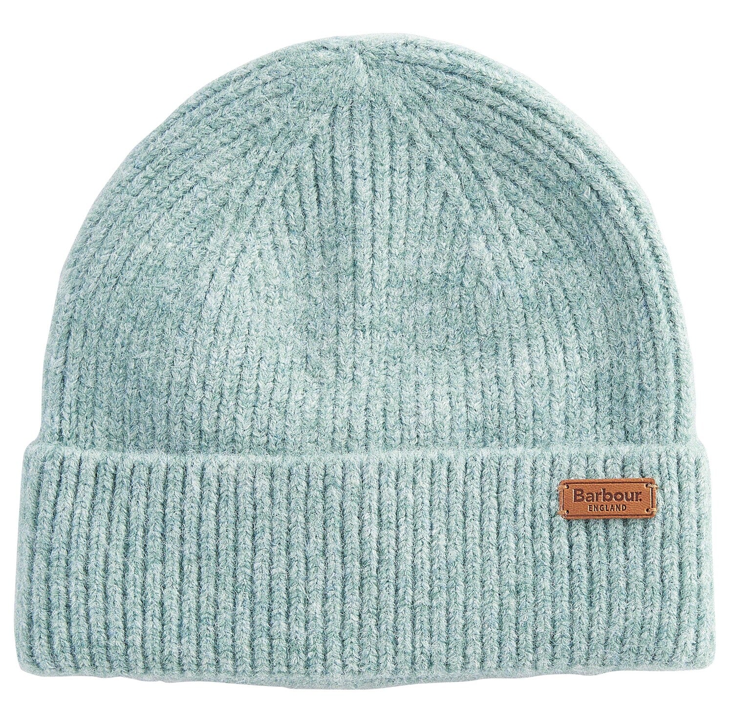 Barbour PENDLE Womens Beanie Soft Mint top view showcasing a ribbed texture and branded badge.