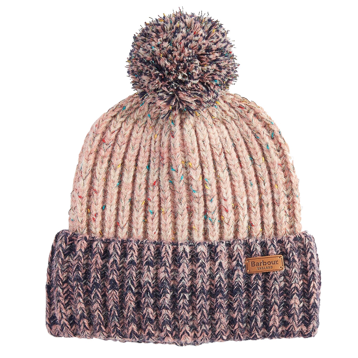 Barbour NORHAM Womens Beanie Pink Rust/Navy front view featuring chunky knit style and faux-fur pom-pom.